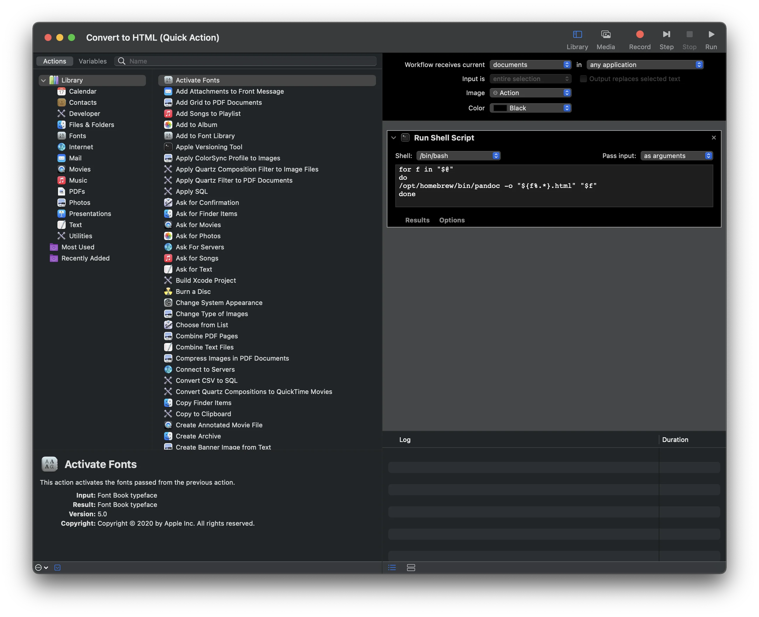 Automator quick action details for converting to HTML